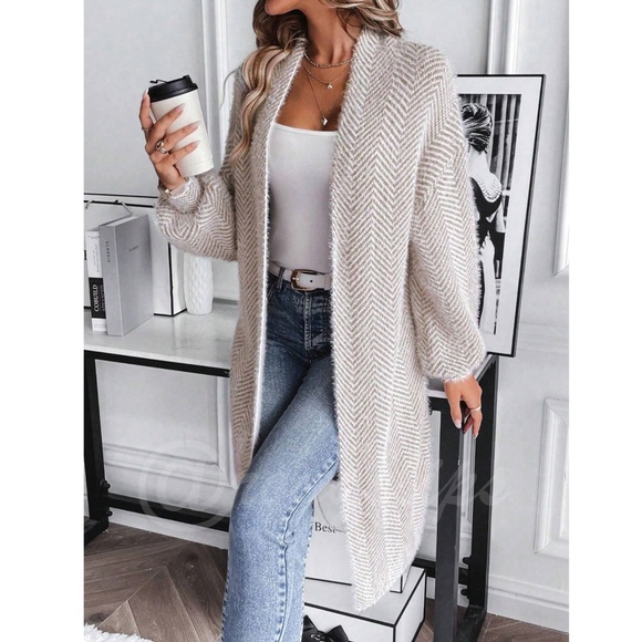 Fuzzy Chevron Beige White Open Cardigan Long Bishop Sleeve Soft - Picture 3 of 9